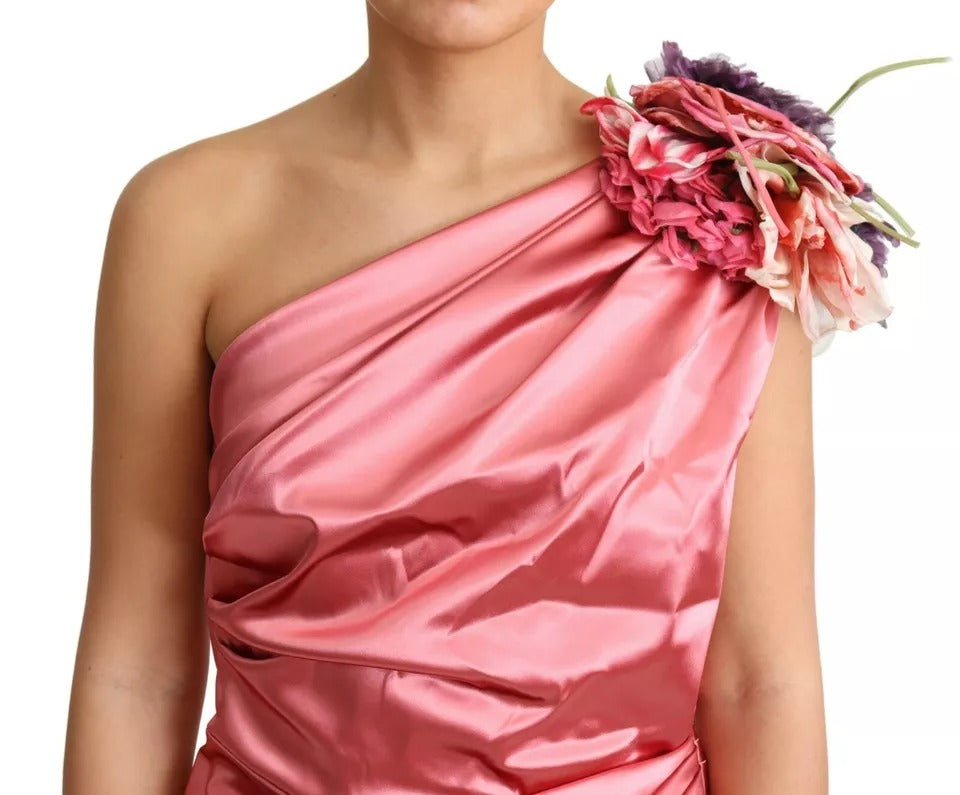 Dolce & Gabbana Pink Draped Midi Dress with Floral Appliqué – Elegant Wedding Guest / Race Day Look
