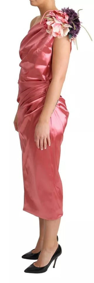 Dolce & Gabbana Pink Draped Midi Dress with Floral Appliqué – Elegant Wedding Guest / Race Day Look