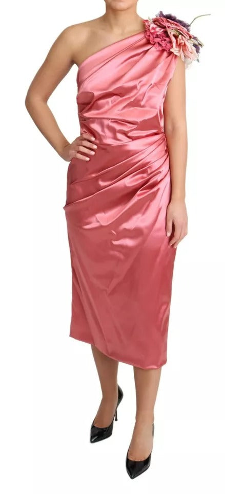 Dolce & Gabbana Pink Draped Midi Dress with Floral Appliqué – Elegant Wedding Guest / Race Day Look