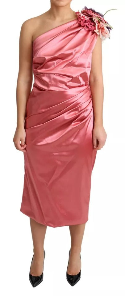 Dolce & Gabbana Pink Draped Midi Dress with Floral Appliqué – Elegant Wedding Guest / Race Day Look