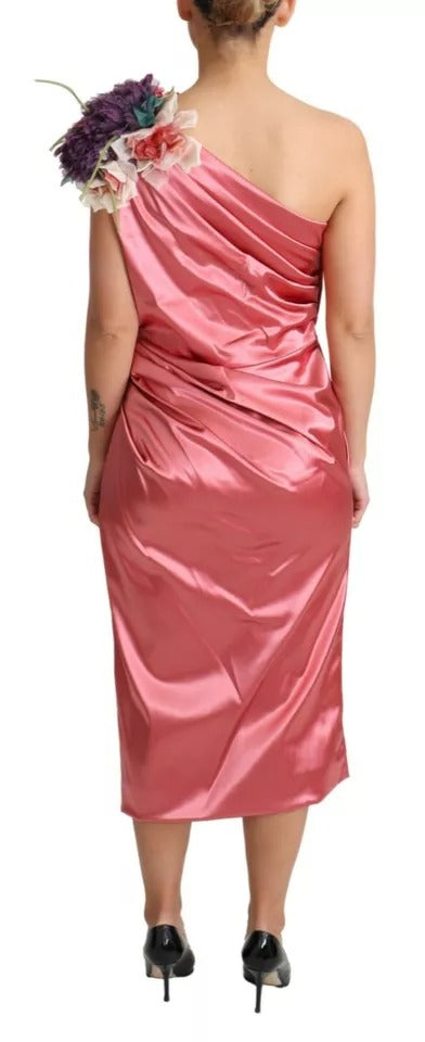 Dolce & Gabbana Pink Draped Midi Dress with Floral Appliqué – Elegant Wedding Guest / Race Day Look