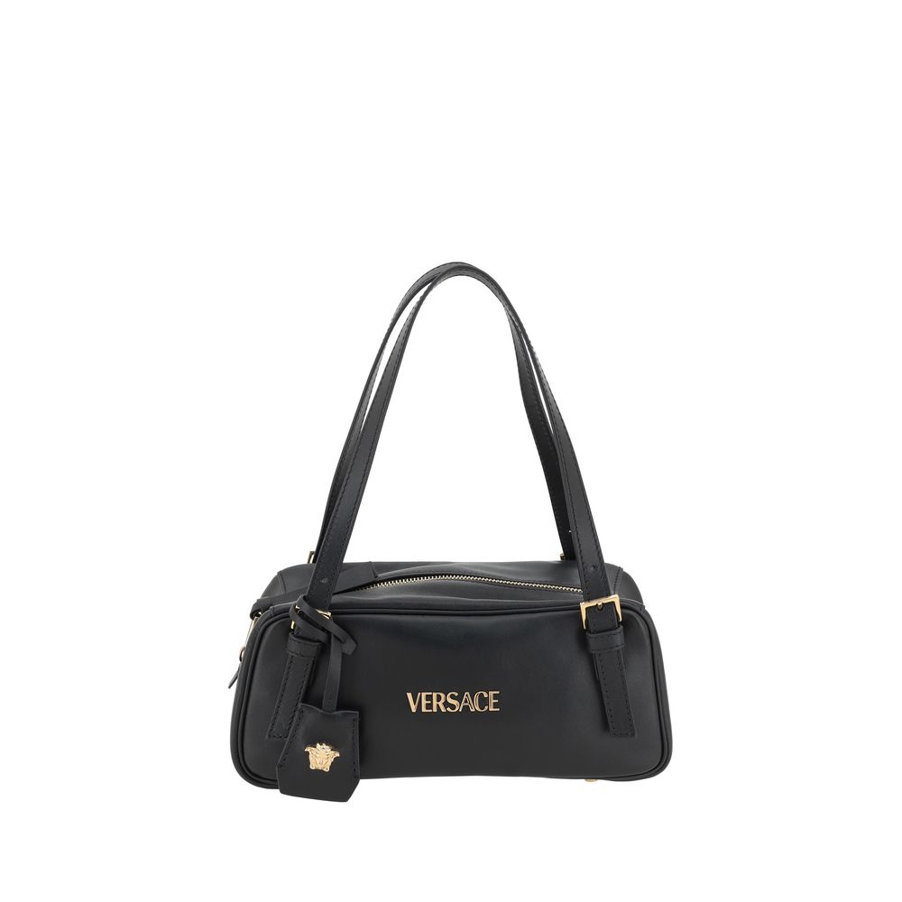 Versace Black Leather Shoulder Bag with Medusa Logo Charm