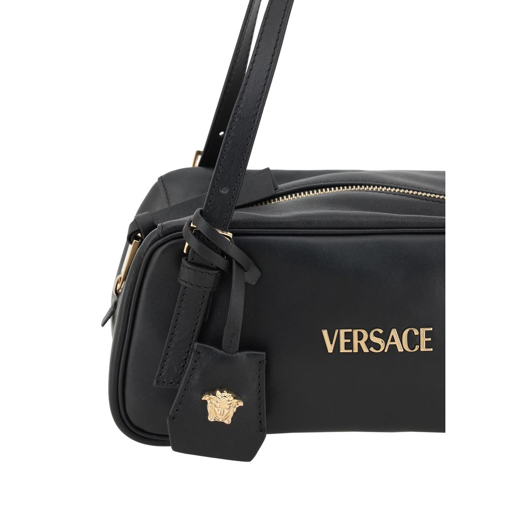 Versace Black Leather Shoulder Bag with Medusa Logo Charm