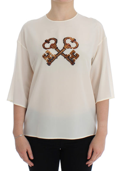  - Ivory Sequined Silk Blouse Top