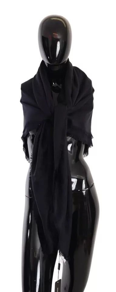 Dolce & Gabbana Solid Black Silk Wool Fringed Wrap Scarf