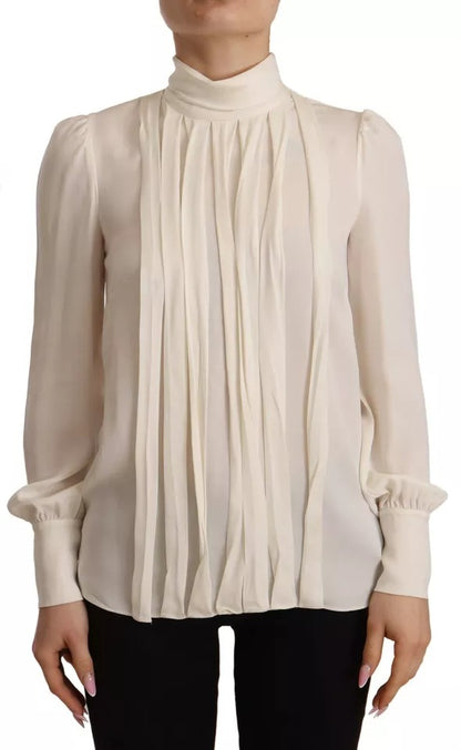 Dolce & Gabbana Silk Off White Long Sleeve Pleated Blouse