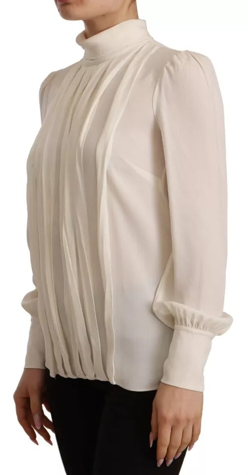 Dolce & Gabbana Silk Off White Long Sleeve Pleated Blouse