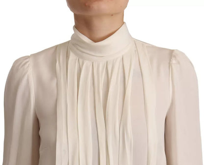 Dolce & Gabbana Silk Off White Long Sleeve Pleated Blouse