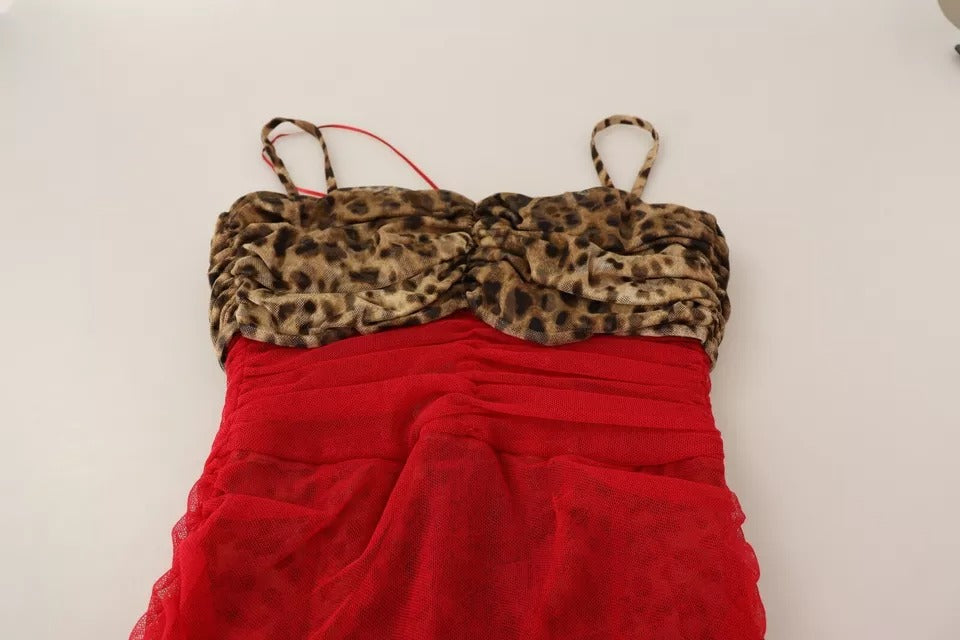 Dolce & Gabbana Leopard & Red Tulle Sheath Midi Dress