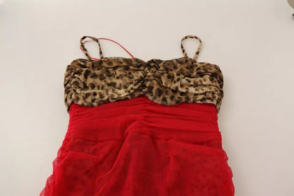 Dolce & Gabbana Leopard & Red Tulle Sheath Midi Dress