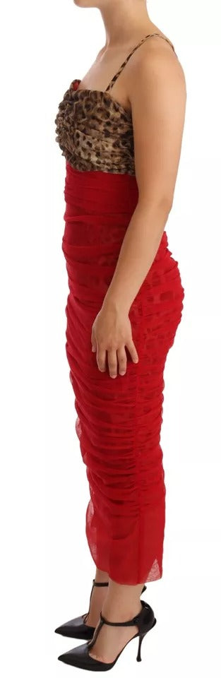 Dolce & Gabbana Leopard & Red Tulle Sheath Midi Dress