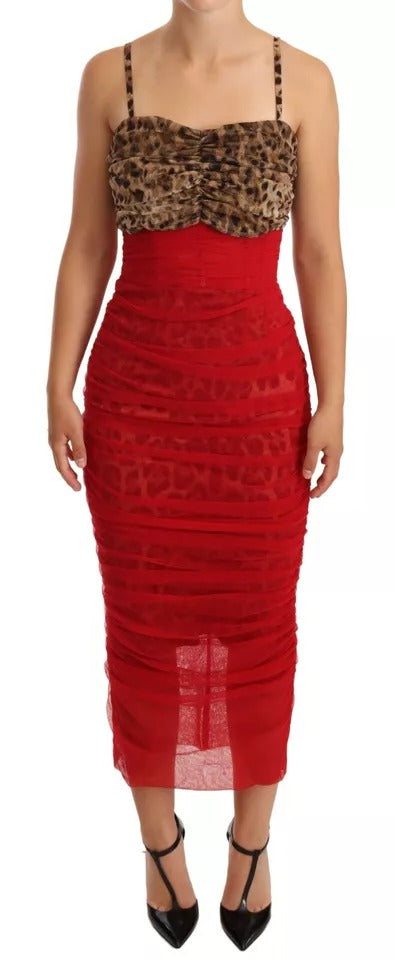 Dolce & Gabbana Leopard & Red Tulle Sheath Midi Dress