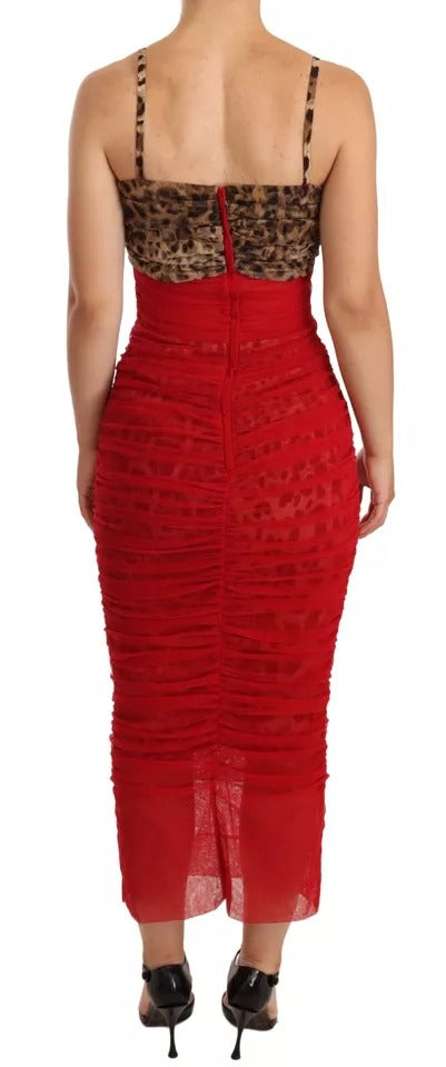 Dolce & Gabbana Leopard & Red Tulle Sheath Midi Dress