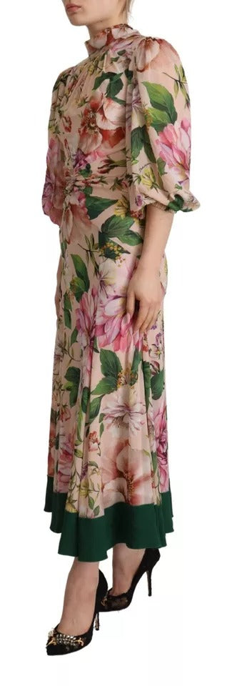 Dolce & Gabbana Floral Pink 3/4 Sleeves Pussy Bow Maxi Dress