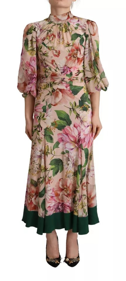 Dolce & Gabbana Floral Pink 3/4 Sleeves Pussy Bow Maxi Dress