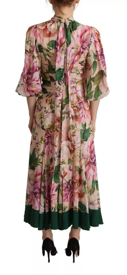 Dolce & Gabbana Floral Pink 3/4 Sleeves Pussy Bow Maxi Dress