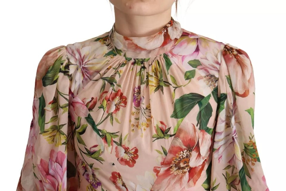 Dolce & Gabbana Floral Pink 3/4 Sleeves Pussy Bow Maxi Dress