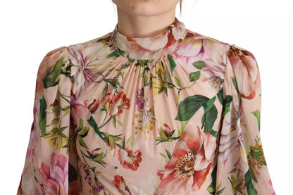 Dolce & Gabbana Floral Pink 3/4 Sleeves Pussy Bow Maxi Dress