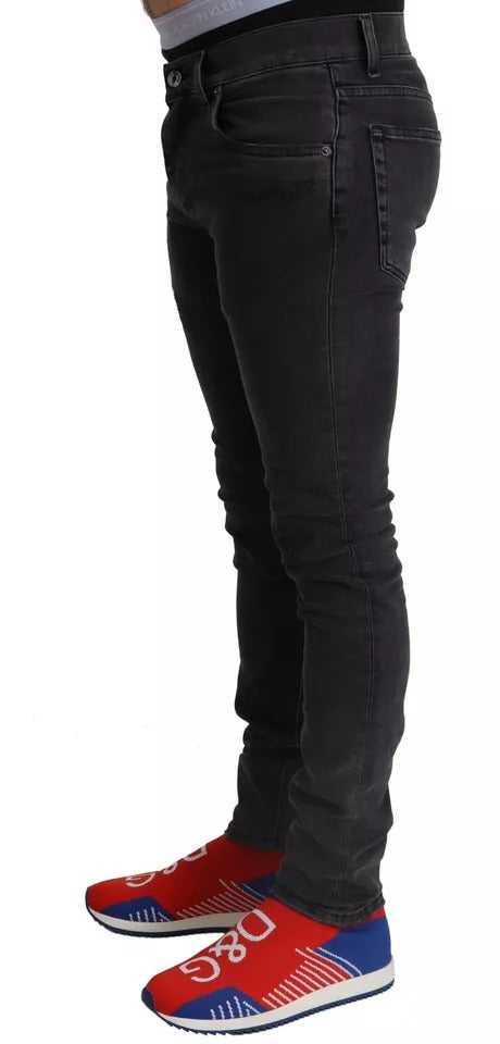 Dolce & Gabbana Men's Black/Grey Wash Running Denim Stretch Logo Skinny Jeans