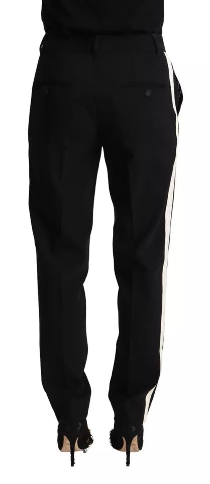 Dolce & Gabbana Black with Side White Stripe Wool Tapered Pants