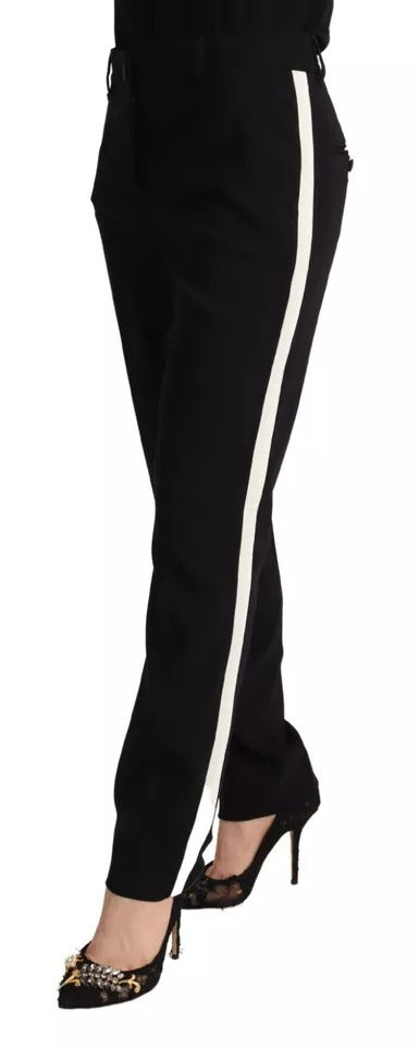 Dolce & Gabbana Black with Side White Stripe Wool Tapered Pants