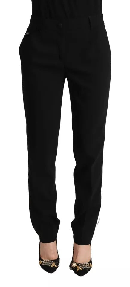 Dolce & Gabbana Black with Side White Stripe Wool Tapered Pants