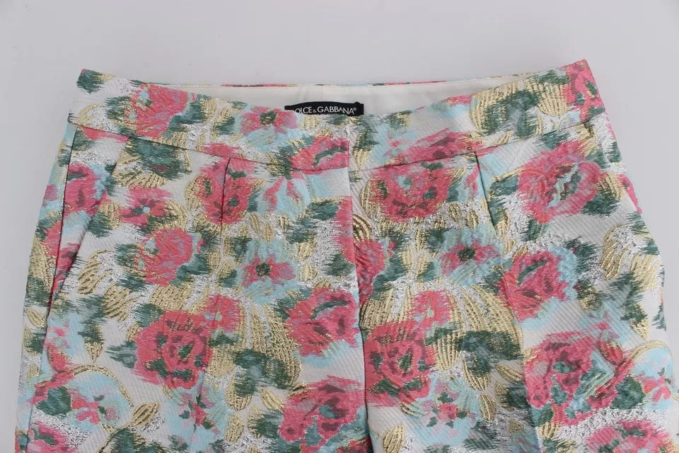 Dolce & Gabbana White & Pink Floral Brocade Cropped Trousers – Luxury 3/4 Length Pants