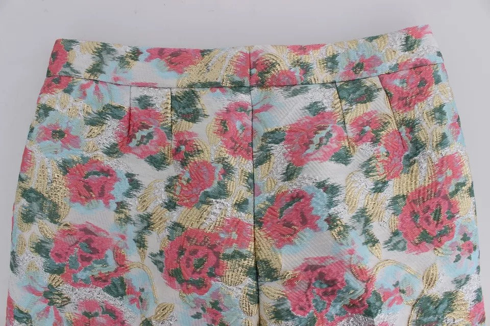 Dolce & Gabbana White & Pink Floral Brocade Cropped Trousers – Luxury 3/4 Length Pants