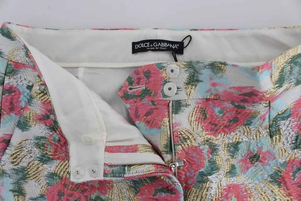Dolce & Gabbana White & Pink Floral Brocade Cropped Trousers – Luxury 3/4 Length Pants
