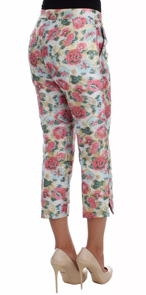 Dolce & Gabbana White & Pink Floral Brocade Cropped Trousers – Luxury 3/4 Length Pants
