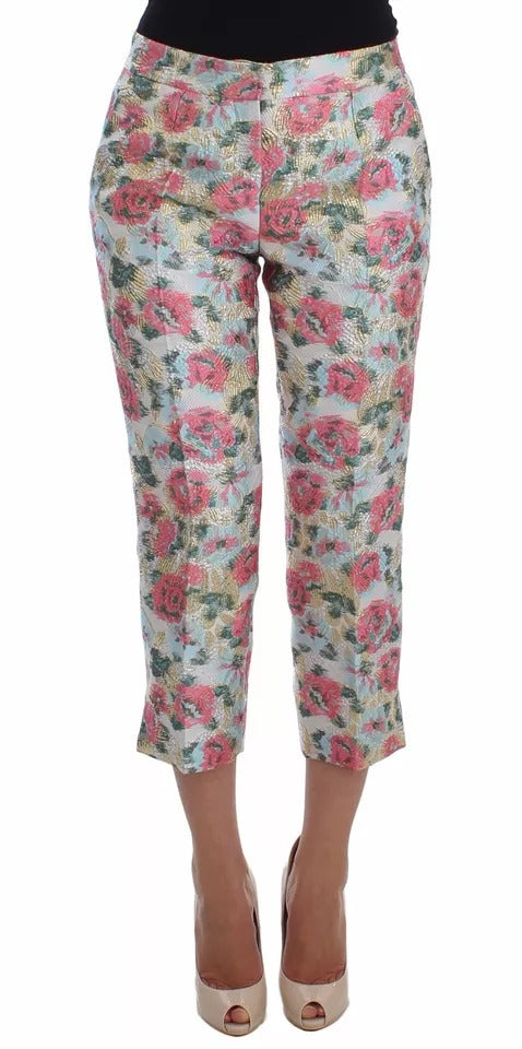 Dolce & Gabbana White & Pink Floral Brocade Cropped Trousers – Luxury 3/4 Length Pants
