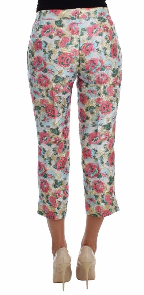 Dolce & Gabbana White & Pink Floral Brocade Cropped Trousers – Luxury 3/4 Length Pants