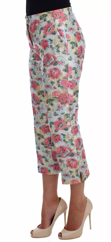 Dolce & Gabbana White & Pink Floral Brocade Cropped Trousers – Luxury 3/4 Length Pants