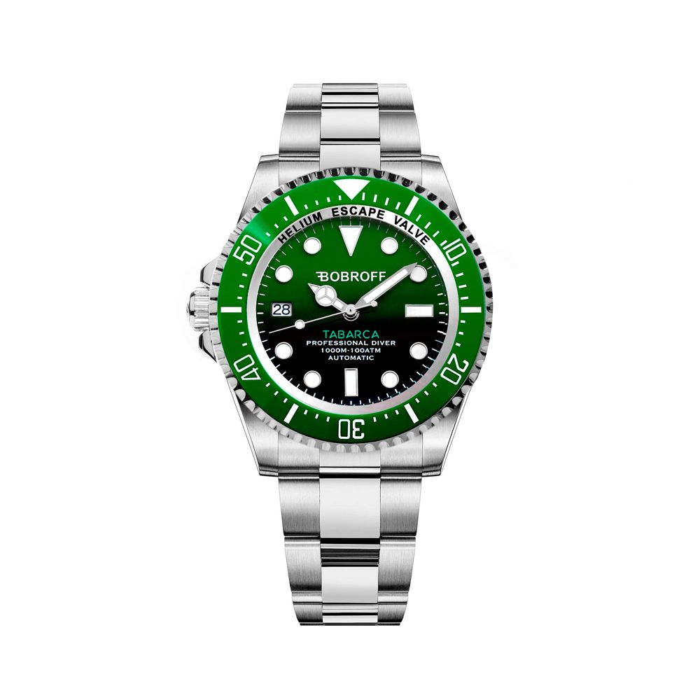Bobroff Silver Stainless Steel Automatic Watch with Green Dial