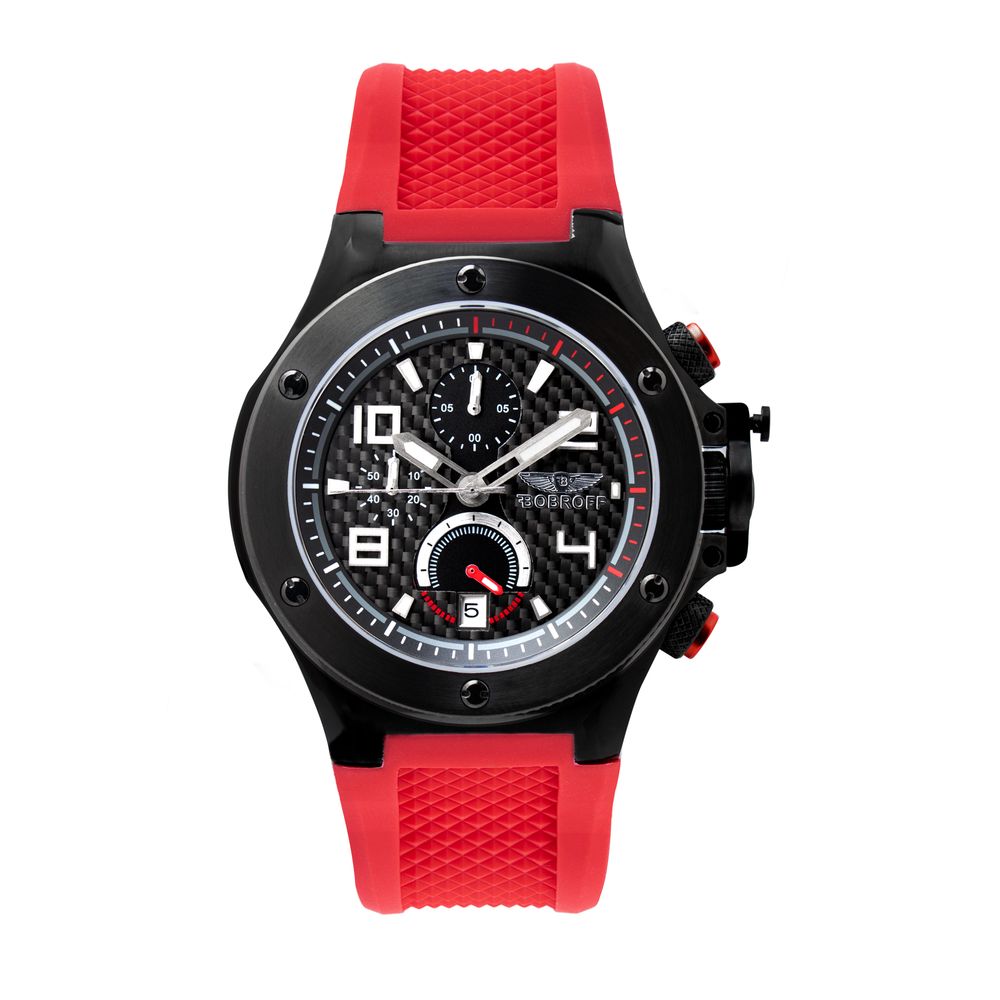 Bobroff Men's Chronograph Watch – Black Steel & Red Rubber Strap, Sapphire Crystal