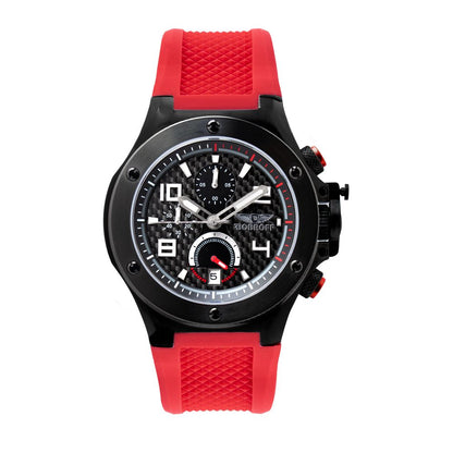 Bobroff Men's Chronograph Watch – Black Steel & Red Rubber Strap, Sapphire Crystal