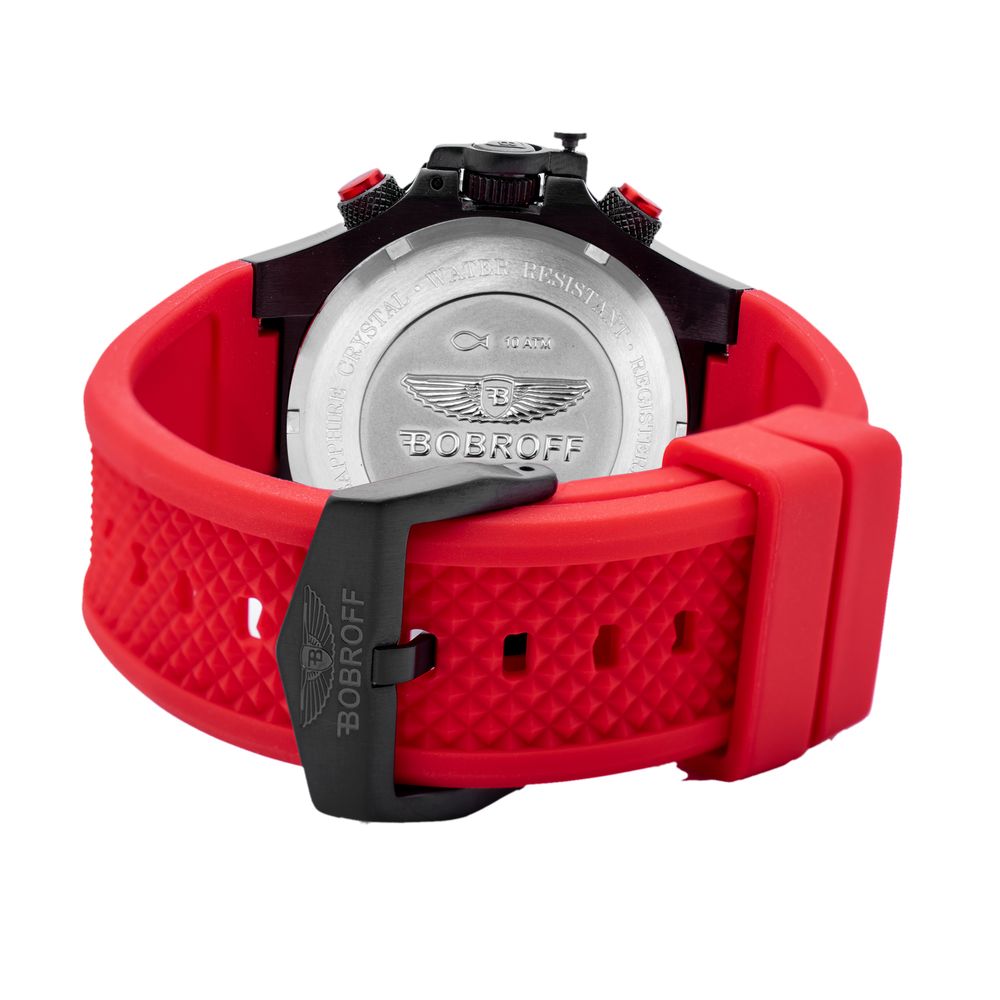 Bobroff Men's Chronograph Watch – Black Steel & Red Rubber Strap, Sapphire Crystal