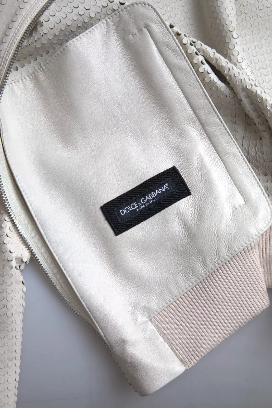 Dolce & Gabbana Off White Leather Perforated Zip-Up Jacket