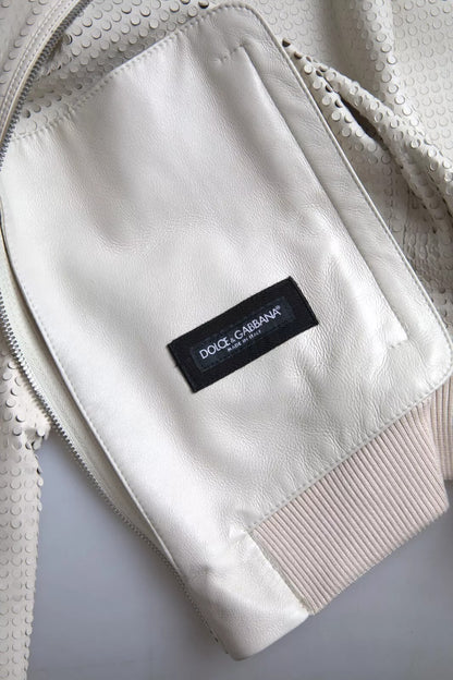 Dolce & Gabbana Off White Leather Perforated Zip-Up Jacket
