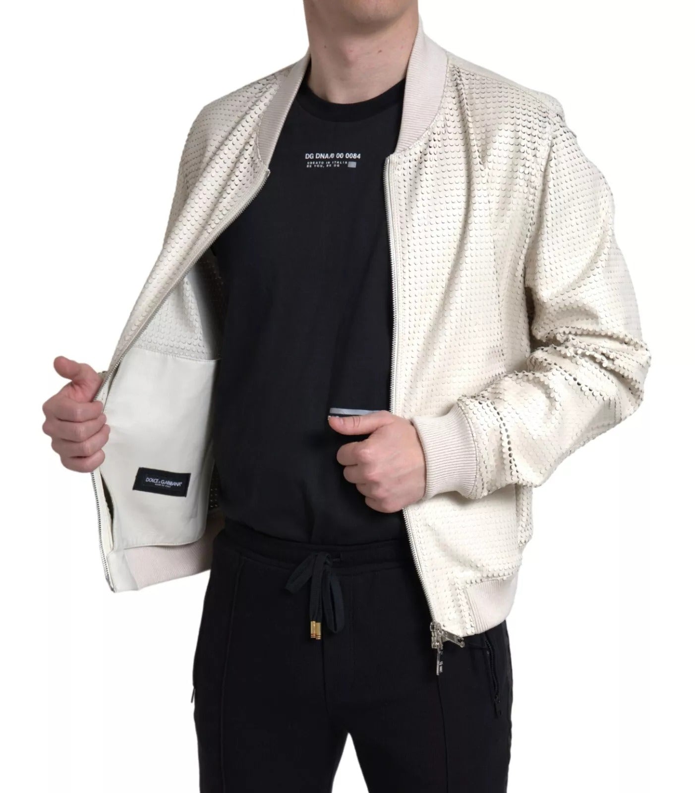 Dolce & Gabbana Off White Leather Perforated Zip-Up Jacket