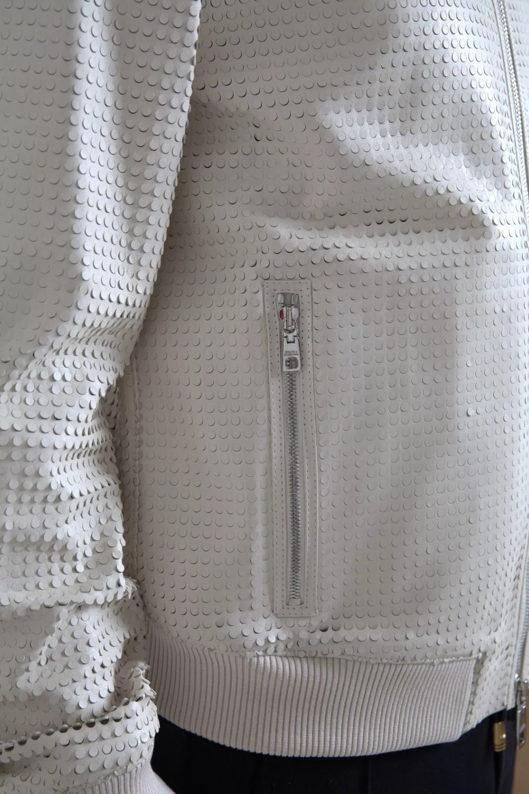 Dolce & Gabbana Off White Leather Perforated Zip-Up Jacket