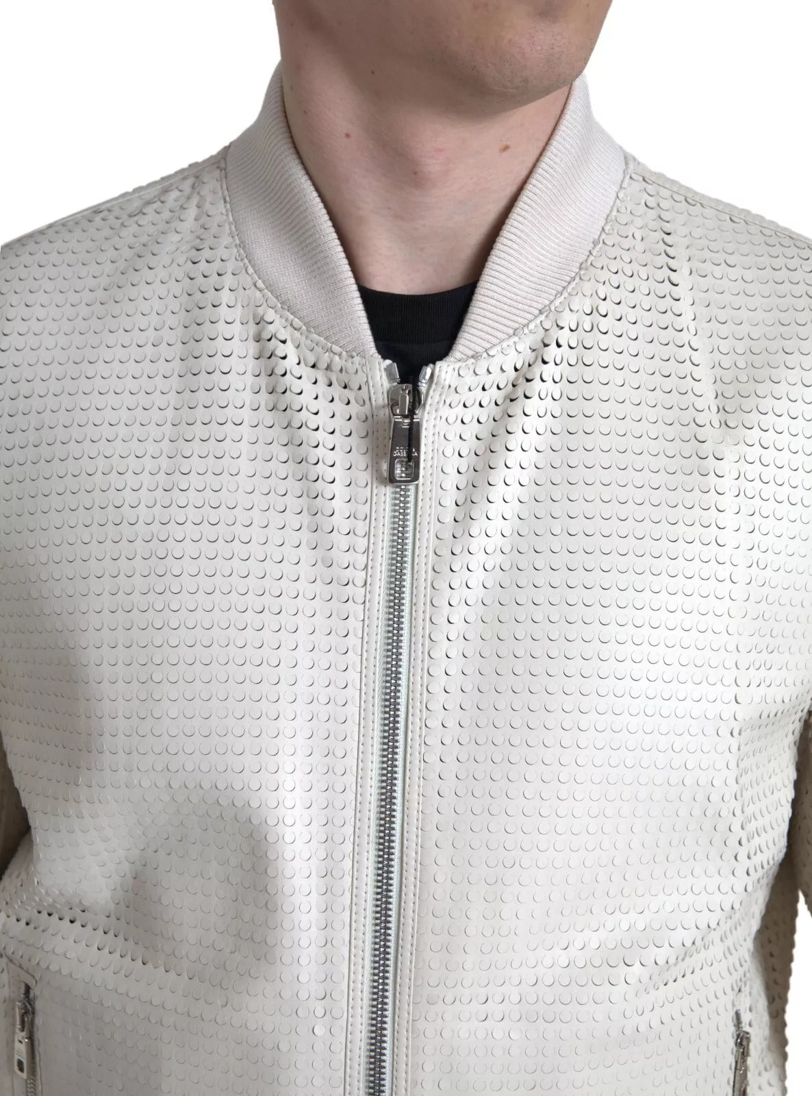 Dolce & Gabbana Off White Leather Perforated Zip-Up Jacket