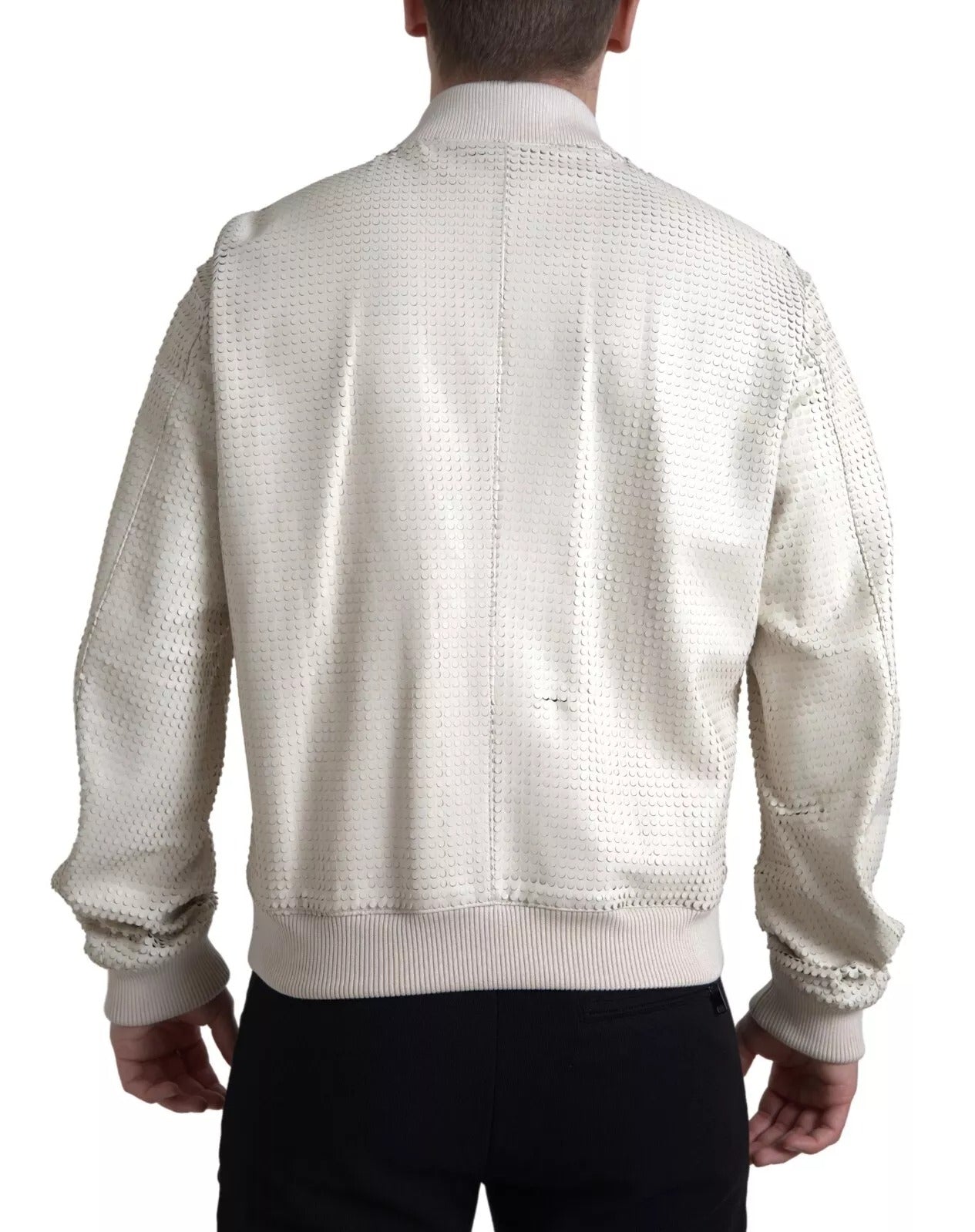 Dolce & Gabbana Off White Leather Perforated Zip-Up Jacket