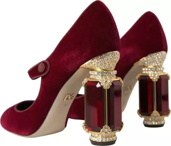 Dolce & Gabbana Red Velvet Gold Crystals Mary Janes Heels