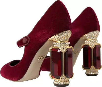 Dolce & Gabbana Red Velvet Gold Crystals Mary Janes Heels