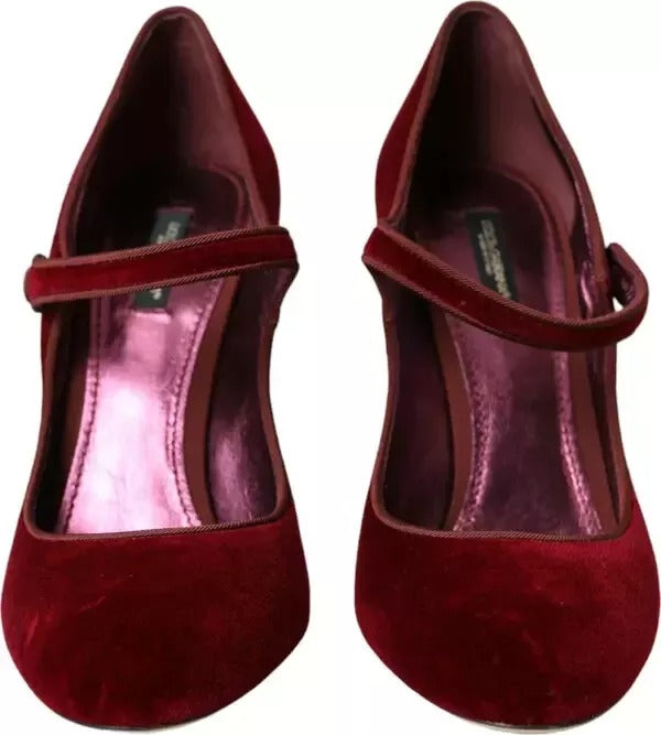 Dolce & Gabbana Red Velvet Gold Crystals Mary Janes Heels