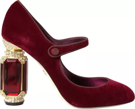 Dolce & Gabbana Red Velvet Gold Crystals Mary Janes Heels