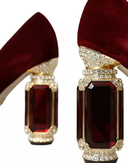 Dolce & Gabbana Red Velvet Gold Crystals Mary Janes Heels