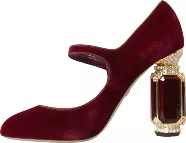 Dolce & Gabbana Red Velvet Gold Crystals Mary Janes Heels