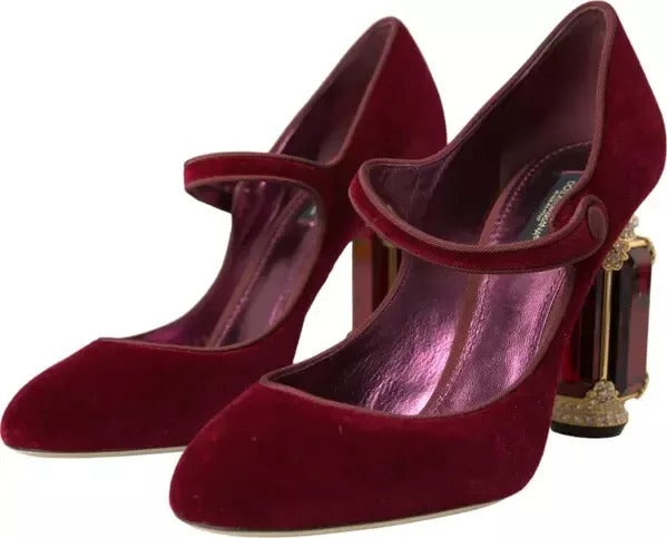 Dolce & Gabbana Red Velvet Gold Crystals Mary Janes Heels